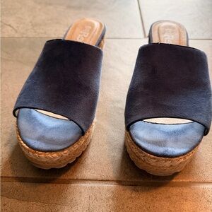 Navy blue suede wedge sandals with macrame. Size 8.